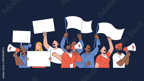 Diverse group of people participating in a protest while holding blank signs and using megaphones against a dark blue background.