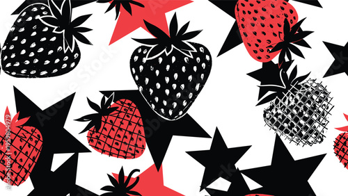 Seamless pattern design featuring red strawberries and bold black stars scattered across a clean white background texture.