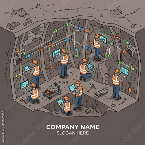 Isometric illustration of a mining operation with workers using digital technology and interconnected systems underground.