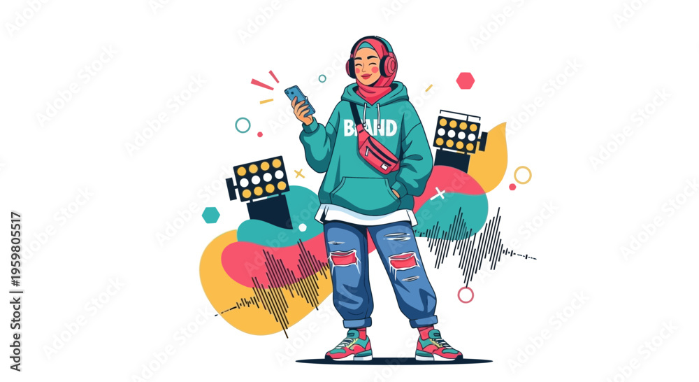 Fototapeta premium Young Muslim Woman in Hijab Listening Music on Phone, Modern Style