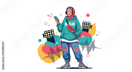 Young Muslim Woman in Hijab Listening Music on Phone, Modern Style