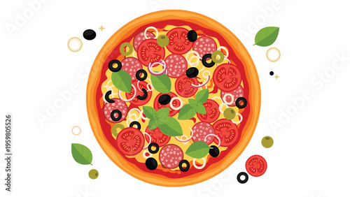 Top view of a delicious whole pizza topped with pepperoni, sliced tomatoes, black olives, onions, and fresh green basil leaves on a white background.