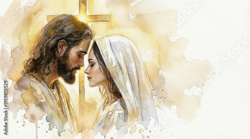A watercolor illustration of Jesus Christ and a woman in prayerful communion against the backdrop of a shining cross. A Christian image of love, faith, consolation, hope, and spiritual intimacy.