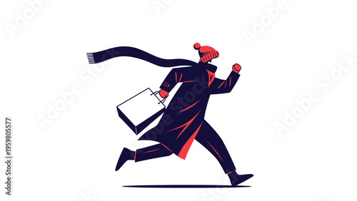 Person wearing a winter coat, hat, and scarf running quickly with a shopping bag in hand against a plain white background.