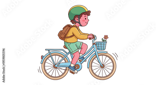 A happy cartoon girl wearing a helmet enjoys riding her colorful bicycle in a vector illustration of a young cyclist having fun outdoors