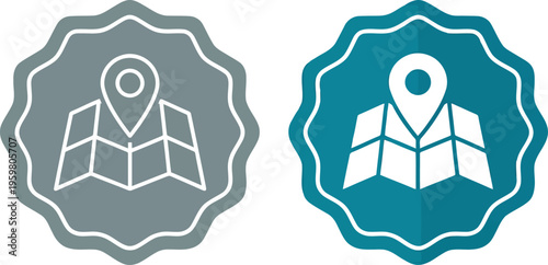 Gray and teal navigation icons featuring folded maps and location pins on circular badges