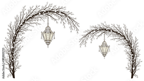 Elegant line art of two arched tree branches without leaves decorated with ornate hanging lanterns in a vintage sketch style.