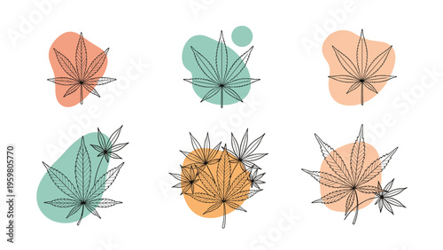 Collection of six minimalist cannabis or hemp leaf line art drawings set against abstract organic shapes in green and peach tones.