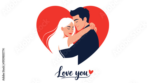 Romantic couple embracing inside a large red heart shape with hand lettered text saying love you for valentines day designs.