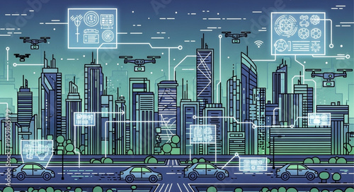 Φωτογραφία Futuristic Cityscape with Autonomous Vehicles and Drone Technology