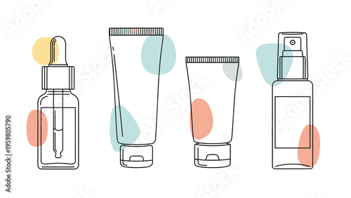Set of four different cosmetic packaging containers including a dropper bottle, two tubes, and a spray bottle with abstract color accents.