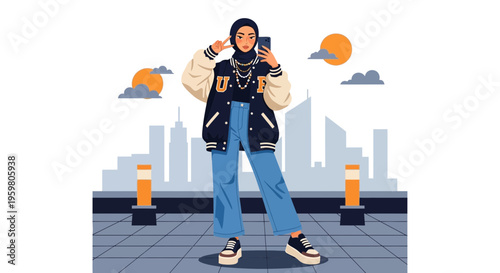 Young Muslim Woman in Hijab Taking Selfie, Fashionable Urban Style, City Background