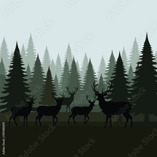 Deer Silhouettes in Forest Habitat.