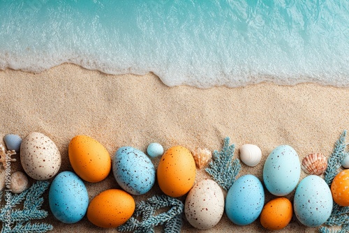 Seaside Easter Treasures: A delightful coastal scene captures the essence of Easter, with colorful eggs nestled on a sandy beach, touched by gentle ocean waves.