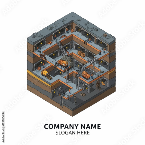 Isometric cross-section of an underground mine with workers, machinery, and extracted resources, showcasing complex subterranean operations.