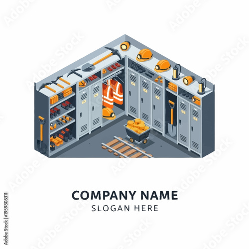 Isometric view of a mining locker room with safety equipment, tools, and a mine cart filled with gold.