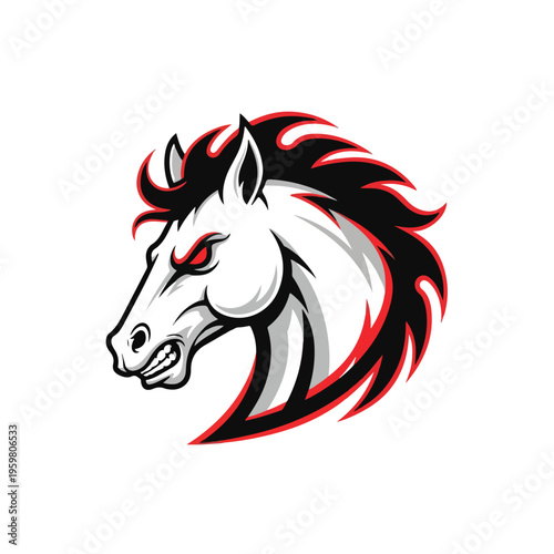 A stylized white mustang head with red accents and glowing eye, symbolizing esport gaming power and energy on a clean white background