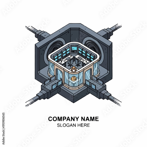 Isometric futuristic control room with multiple monitors and a person inside, connected to external conduits.