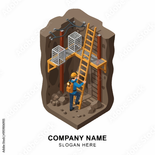Isometric view of a construction worker climbing a ladder into an excavation site with safety cages and electrical wires.