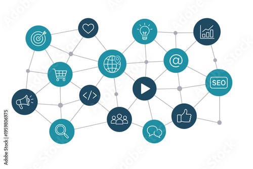 A global social network concept featuring a business technology connection vector with people icons and media symbols organized in a circular internet communication diagram for web networking design