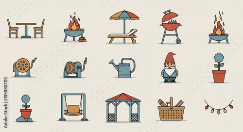 Garden and Outdoor Living Icons - Essential Elements for Backyard Bliss.