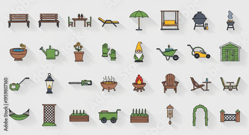 Garden and Outdoor Elements - A Collection of Flat Vector Icons.