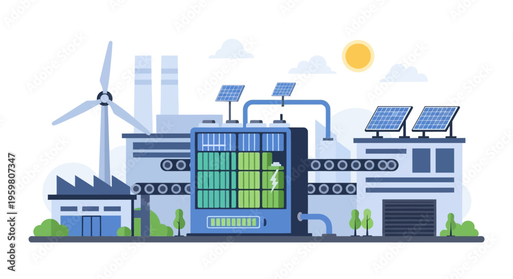 Fototapeta premium Sustainable Energy Plant with Wind, Solar Power & Battery Storage. Green Industry and Eco-Friendly Technology Illustration.