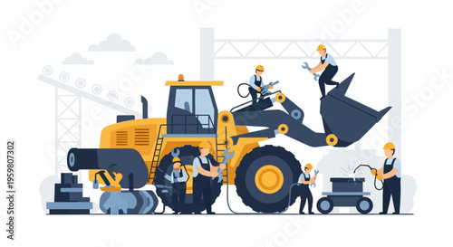 Heavy Construction Equipment Maintenance & Repair Team: Workers Servicing Wheel Loader Machine