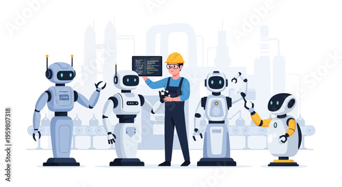 Robotics Engineer with AI Robots in Smart Factory. Industrial Automation, Human-Robot Collaboration, and Future Technology.