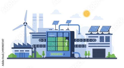 Sustainable Energy Plant with Wind, Solar Power & Battery Storage. Green Industry and Eco-Friendly Technology Illustration.
