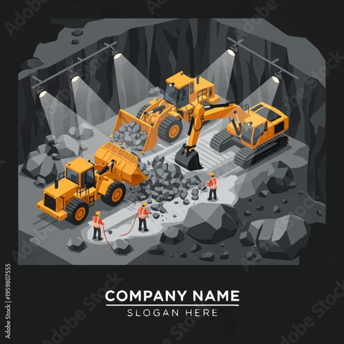Isometric illustration of heavy machinery and workers in a mine, excavating and transporting rocks under artificial lighting.