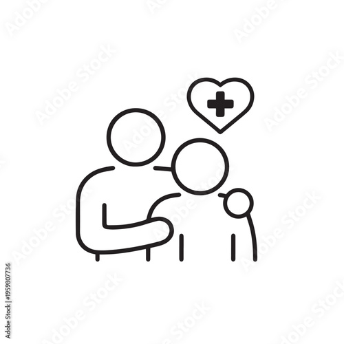 Patient Care Support Icon, Family Healthcare Assistance with Medical Heart Cross Line Vector