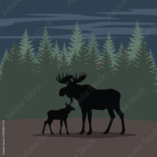 Moose and calf standing together outside.