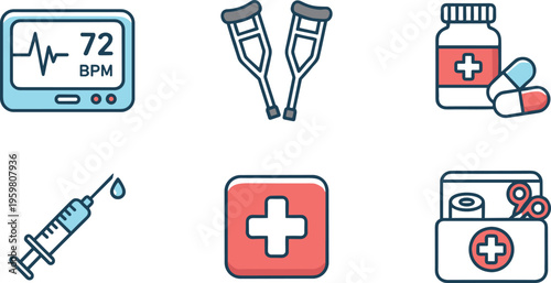 Medical healthcare icons set including heart rate monitor crutches pills syringe first aid kit and medical bag.
