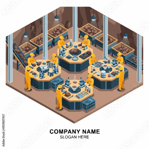Isometric view of a mining operation with workers examining ore samples at laboratory workstations.