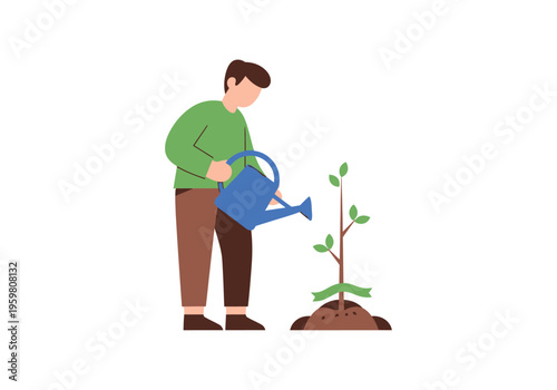 Person waters a small tree growing from brown soil with a blue watering can
