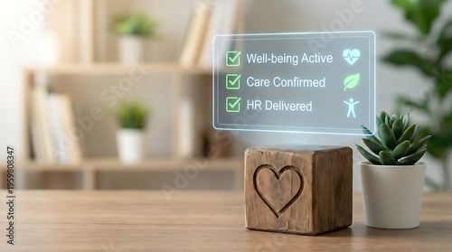 Wooden block with heart symbol and virtual checklist on transparent screen with succulent plant on desk in blurred office background