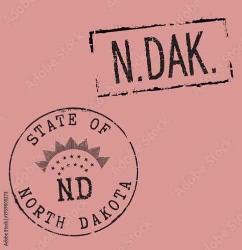 Vintage postal stamps featuring North Dakota, ND traditional abbreviation, and a partial detail of the state emblem (stars and sun rays). Retro seal graphics for envelopes, greeting cards, passports, 