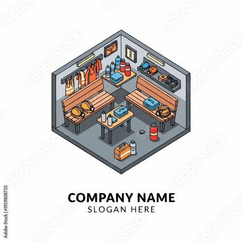 Isometric view of a clean and organized construction worker locker room with benches, lockers, safety gear, and water bottles.