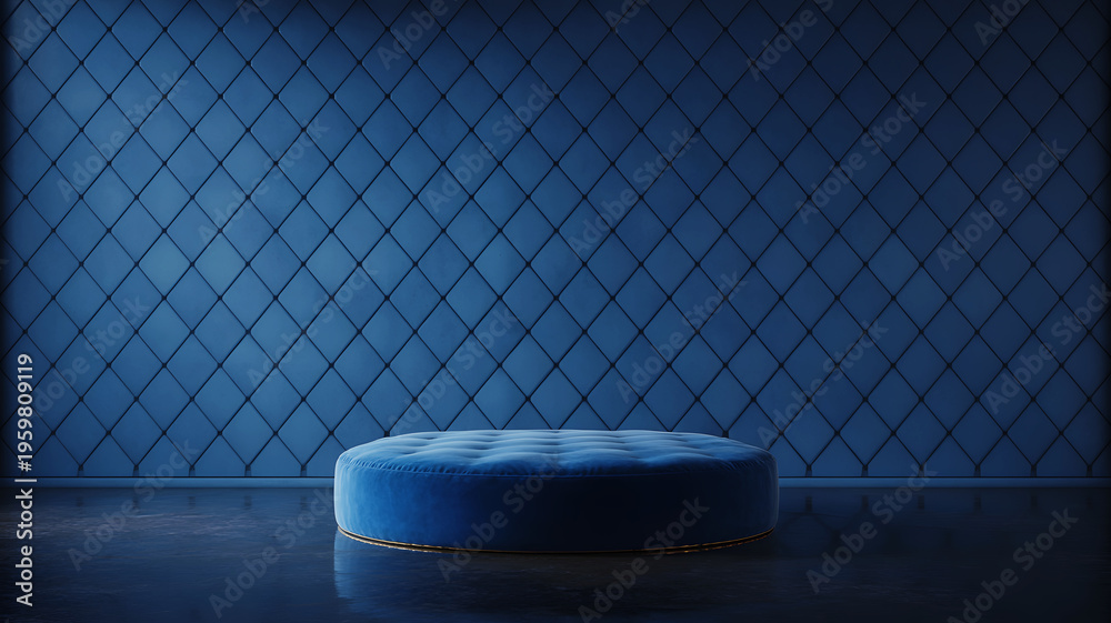 Obraz premium Luxury Blue Podium for Product Display with Quilted Velvet Wall Background and Elegant Studio Lighting