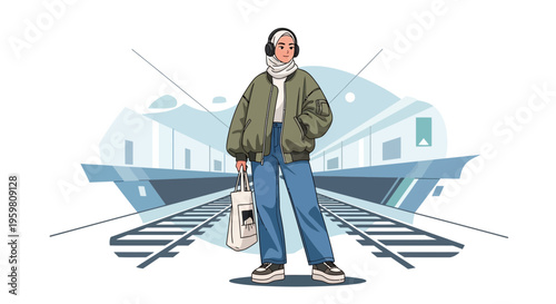 Young Muslim Woman Wearing Hijab and Headphones at Train Station