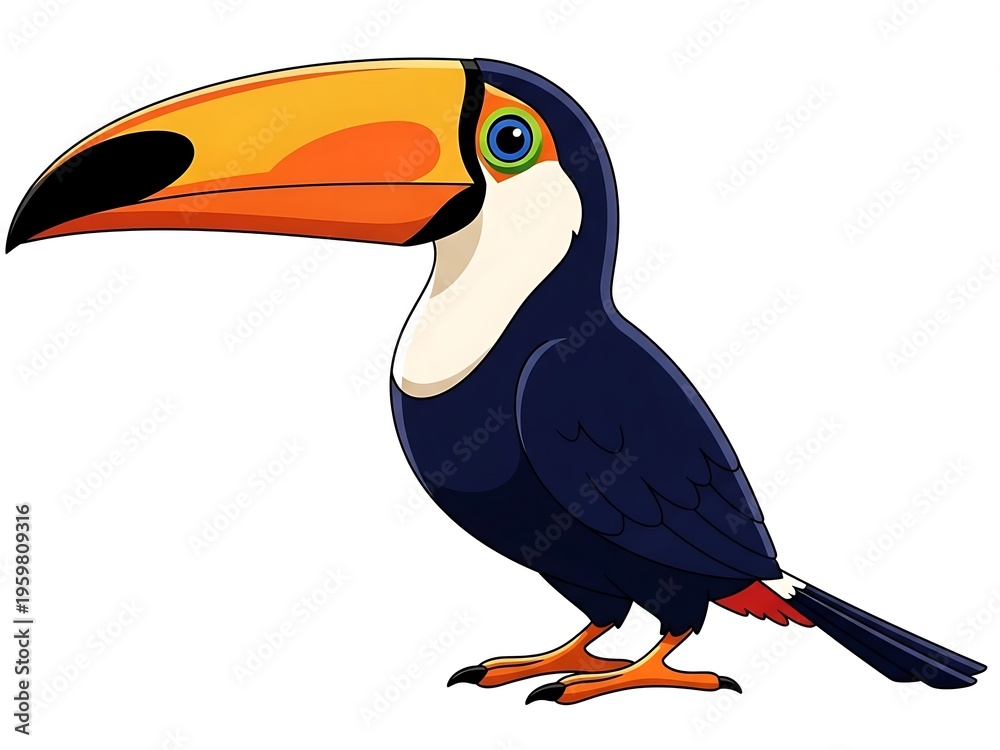 Obraz premium A colorful cartoon toucan standing on a plain background with an expressive beak