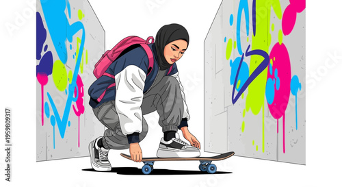 Young Muslim Woman with Hijab Skateboarding in Urban Graffiti Alley
