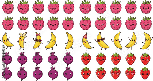 Cute fruit and vegetable character emoji set featuring kawaii raspberry banana strawberry and beet icons with happy facial expressions for stickers kids design and healthy food decor