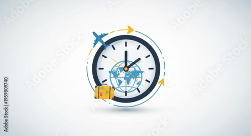 Global Travel Time - Clock with World Map, Airplane, and Suitcase.