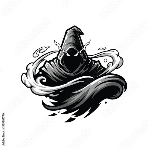 A black and white illustration of a hooded wizard esport mascot with a cloak and sword, surrounded by swirling smoke and flames on a plain background