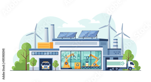 Green Industrial Revolution: Sustainable Factory with Solar, Wind, and Robotic Automation for Eco-Friendly Production