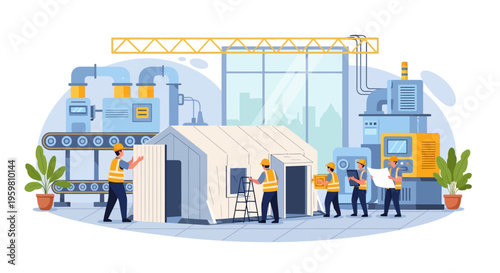 Modular Prefabricated House Construction in Factory: Team of Workers and Engineers Assembling a Home on an Industrial Assembly Line.