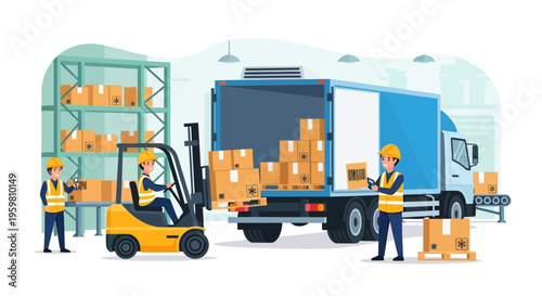 Warehouse Logistics Operations with Workers, Forklift, and Delivery Truck Loading Boxes - Supply Chain Management