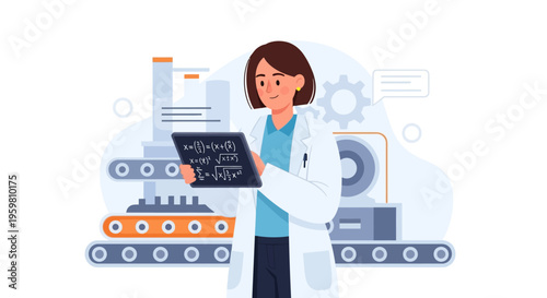 Female Scientist Engineer Analyzing Data and Math on Tablet in Industrial R&D